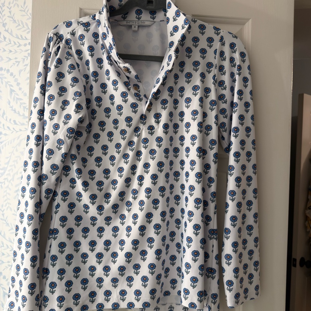 Floral Print Women's Blouse - Blue and White